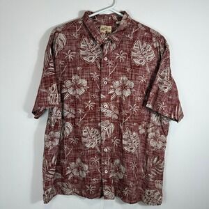 RedHead Mens 2XL Red Tropical Hibiscus Palm Slub Cotton Button Up Shirt 602RHS23